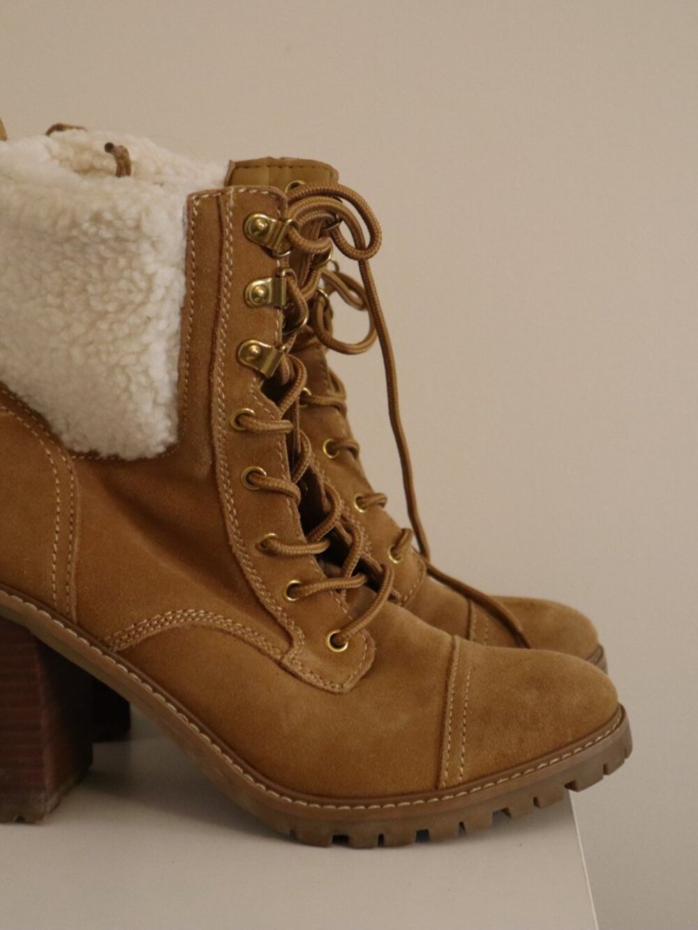 NINE WEST Boots 8 M Phaedra Lace-Up Suede Block High Heel Combat Natural Brown - Picture 4 of 12